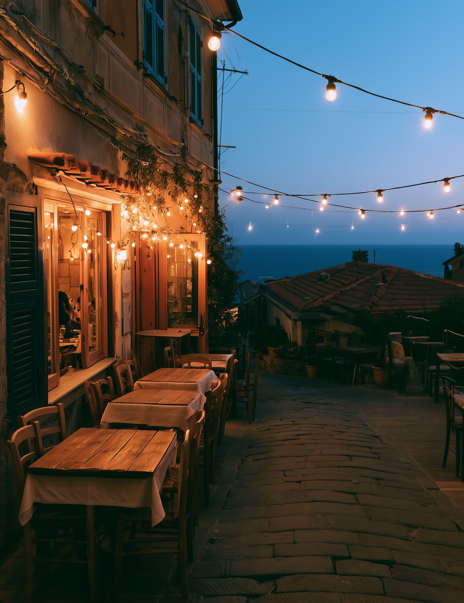 Da Giulia's outdoor tables at dusk, string lights overhead, the sea visible in the distance